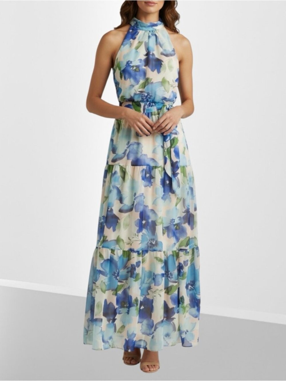 JULIA JORDAN Floral Printed Chiffon Tiered Ruffle Maxi Dress Size 4